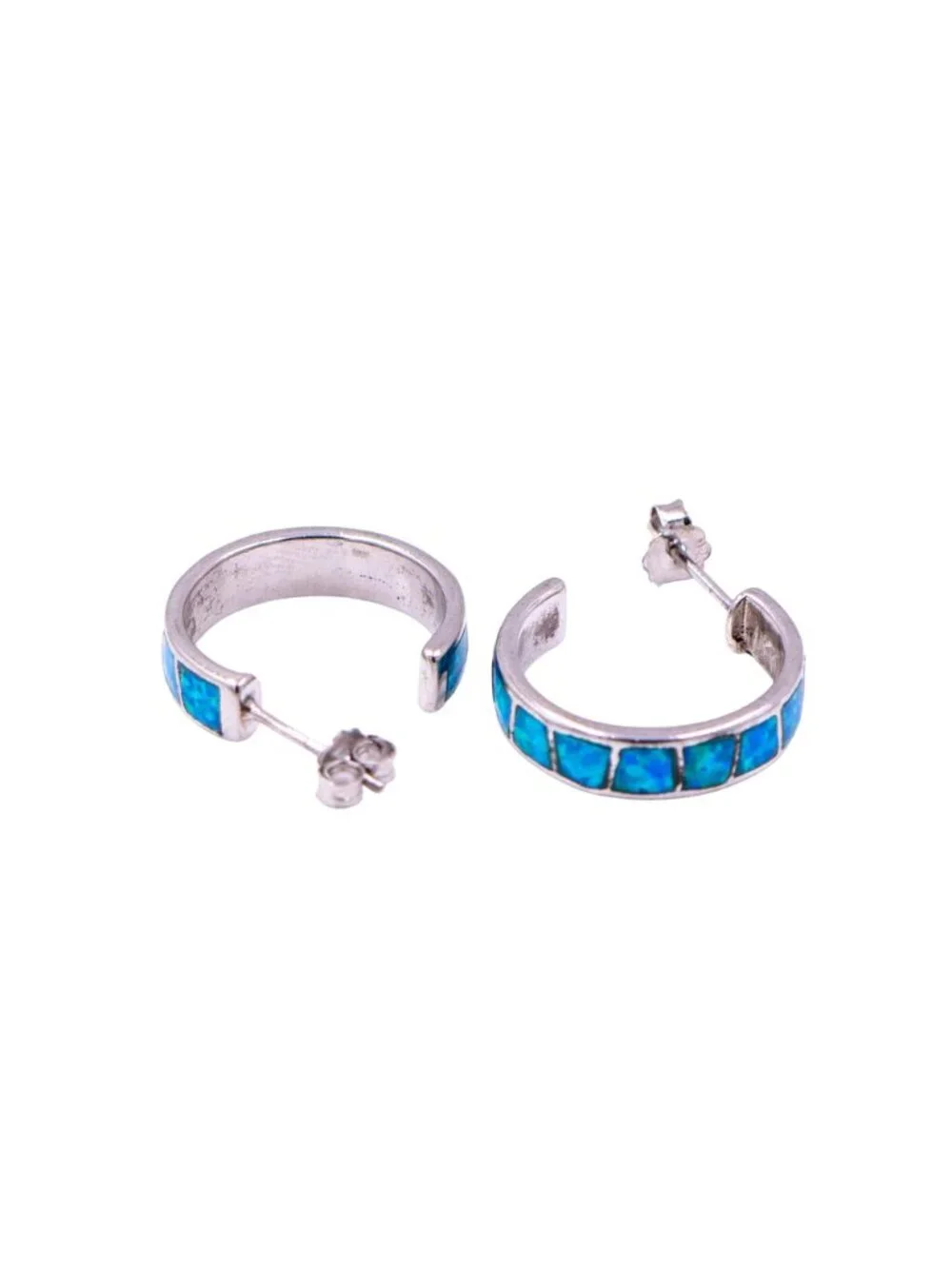 Sterling Silver Blue Opal Inlay Hoop Earrings Huggie Hoops October Birthstone